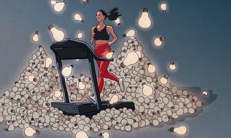 Illustration showing a runner on a treadmill surrounded by lightbulbs falling from the sky and piling up around the treadmill, lit while falling, mostly turned off once landed.