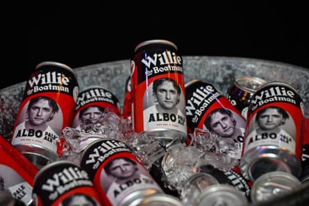Cans of Willie the Boatman ALBO Pale Ale beer, named after PM Anthony Albanese, at Labor’s election night event on 3 May, 2025.