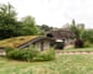 A thatched cottage with an extension with a green roof.