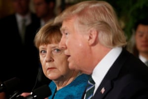 Angela Merkel and Donald Trump at a joint news conference in the East Room of the White House in March 2017.