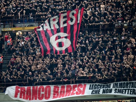Milan supporters display a huge Baresi banner at San Siro before kick-off in the game against Venezia