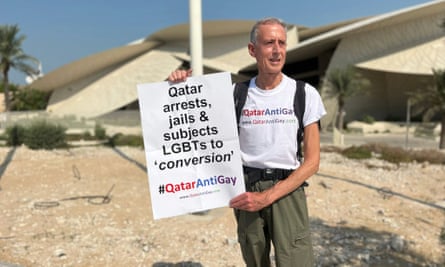 ‘I took the message directly from my contacts in Qatar’ … Tatchell staging his protest in Doha.
