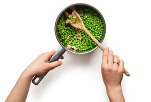 Add the peas, pods and stock or water, then simmer until very tender.