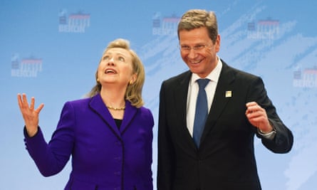 Guido Westerwelle at a conference with Hillary Clinton in 2014.