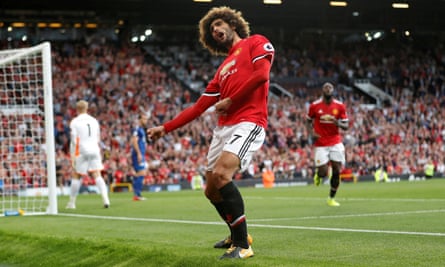 Marouane Fellaini celebrates after scoring against Leicester City in August.