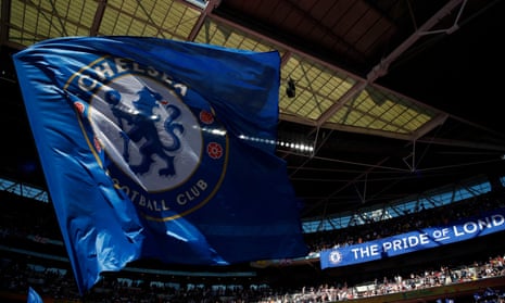 A Chelsea flag is waved at the men’s FA Cup final at Wembley on Saturday.