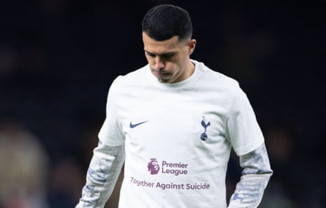 Pedro Porro warms up wearing a Premier League Together Against Suicide T-shirt.