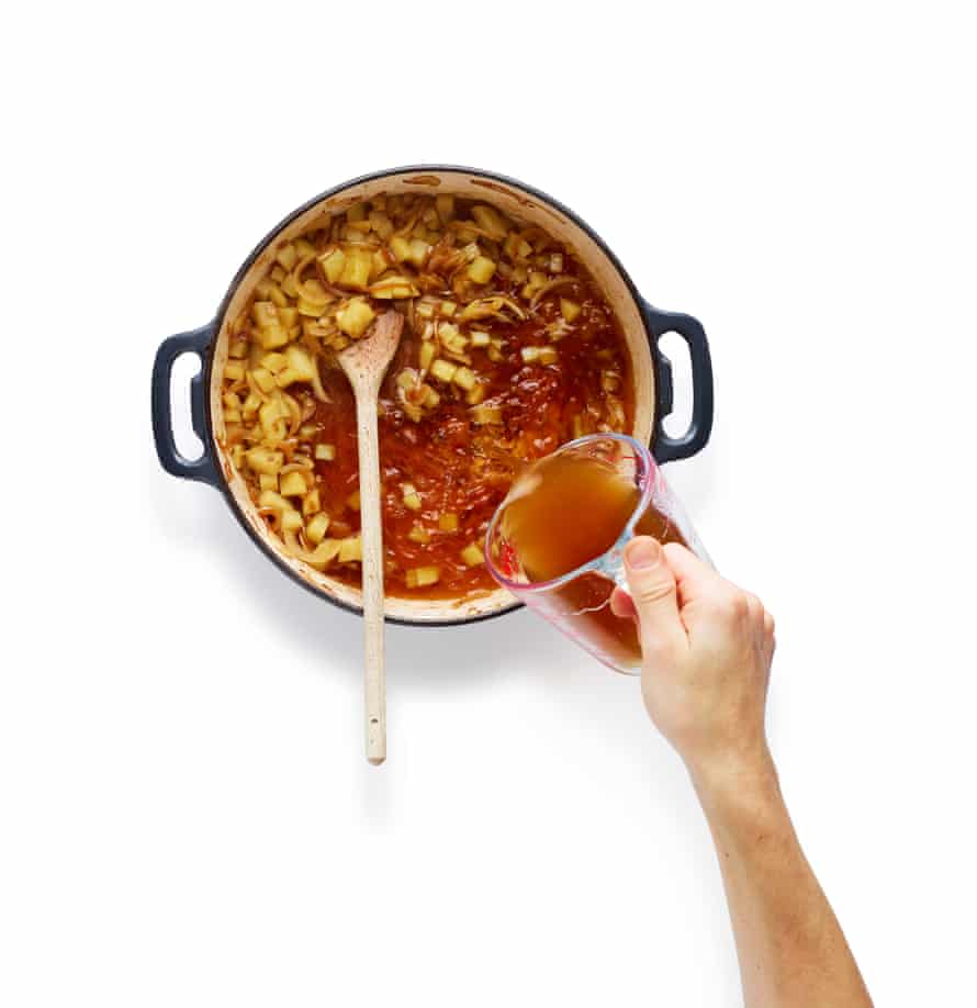 Add the stock, then return the meat to the pan along with the herbs, cover and cook for an hour.