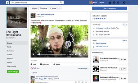 Facebook page featuring a recruitment video focused on a Canadian jihadi with Isis flag in the background. When reported, Facebook did not take the page down.
