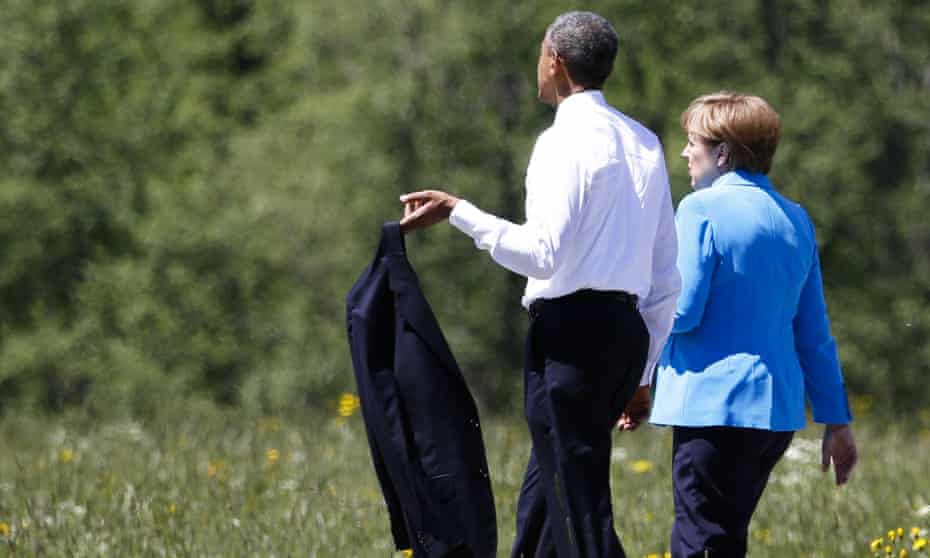 Angela Merkel walks with Barack Obama during the G7 summit near Garmisch-Partenkirchen, Germany, in June.