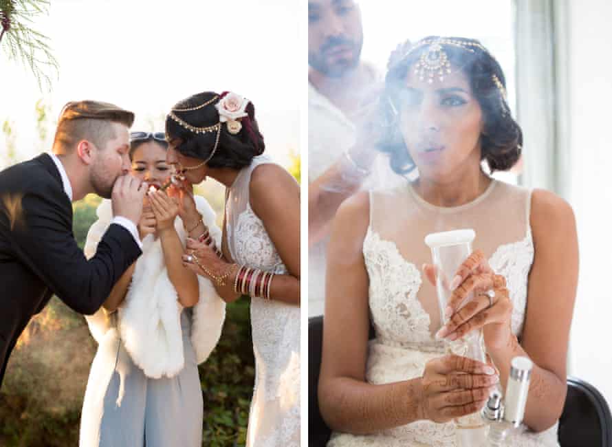 Left: Jeff and Serena wanted to help de-stigmatize weed by having it prominent at their wedding. Right: Serena takes a hit while getting ready.