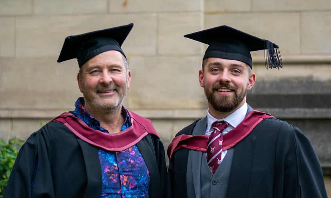 Jonny Clothier with his son Carter at their graduation on the same day, 41 years after Jonny was supposed to graduate.