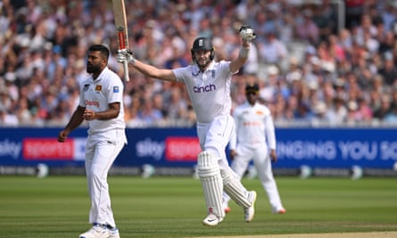 Gus Atkinson celebrates after scoring his maiden Test century