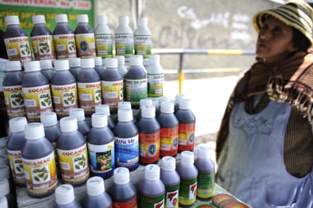 An Indigenous Andean woman by a market stall with medicine bottles