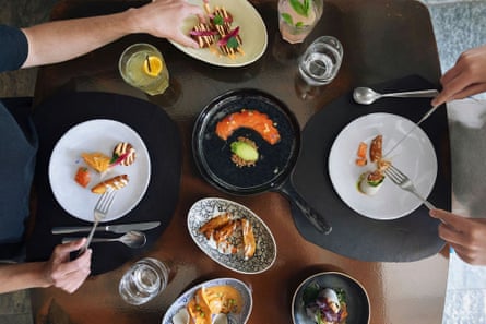 Various dishes on a table pictured from above