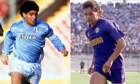 Diego Maradona in action for Napoli and Roberto Baggio playing for Fiorentina.