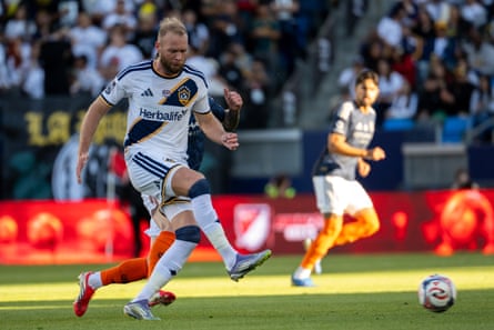 João Klauss #99 of LA Galaxy during the first half of the match against New York City FC at Dignity Health Sports Park on February 22, 2026 in Carson, California. The match ended in a 1-1 draw