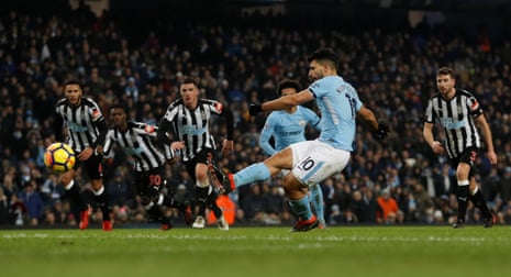 Sergio Aguero scores the second from the penalty spot.