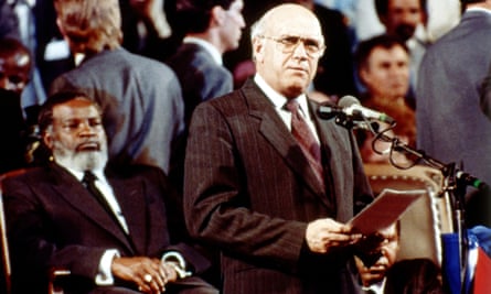 South African president FW de Klerk delivers a speech in Windhoek, where he handed over Namibia to Namibian president Sam Nujoma, seated left, during an independence ceremony on 21 March 1990.