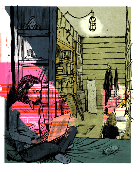 An illustration of a people working on computers in a ramshackle space inside a truck.