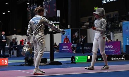 Ukraine’s Olga Kharlan refuses to shake hands with Russia’s Anna Smirnova.