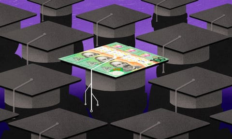 Illustration showing multiple graduation mortar boards, with one made out of $100 notes.