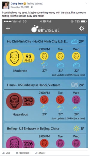 Screen Shot 2017-01-31 at 7.34.25 PM showing air pollution in Hanoi, Vietnam on airvisual app