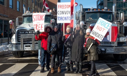 Demonstrators protesting against Covid vaccine mandates and restrictions in downtown Toronto on 5 February.