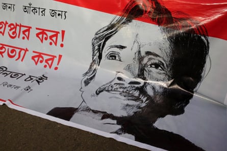A protest banner featuring a portrait of the Bangladeshi writer Mushtaq Ahmed. Ahmed died in prison after being arrested under the DSA in 2021.