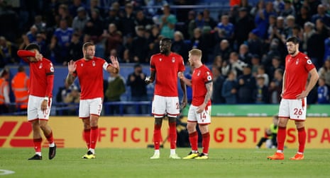 Nottingham Forest’s Steve Cook, Cheikhou Kouyate and Lewis O’Brien react after Leicester City’s James Maddison scores their third goal.