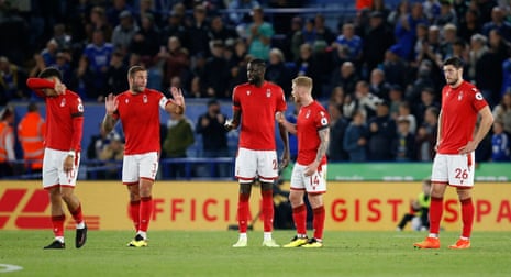Leicester City v Nottingham Forest: Premier League – live | Premier League 10 Nottingham Forest’s Steve Cook, Cheikhou Kouyate and Lewis O’Brien react after Leicester City’s James Maddison scores their third goal.