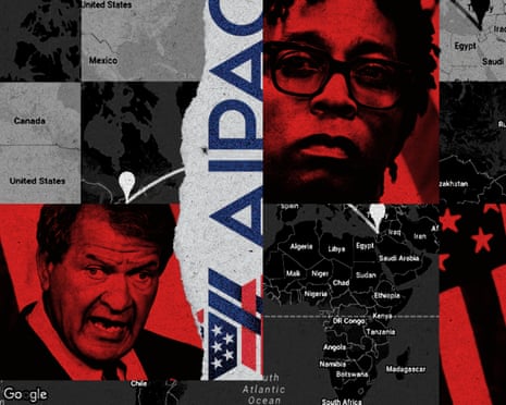 gray and red collage of politicians, maps and the Aipac logo