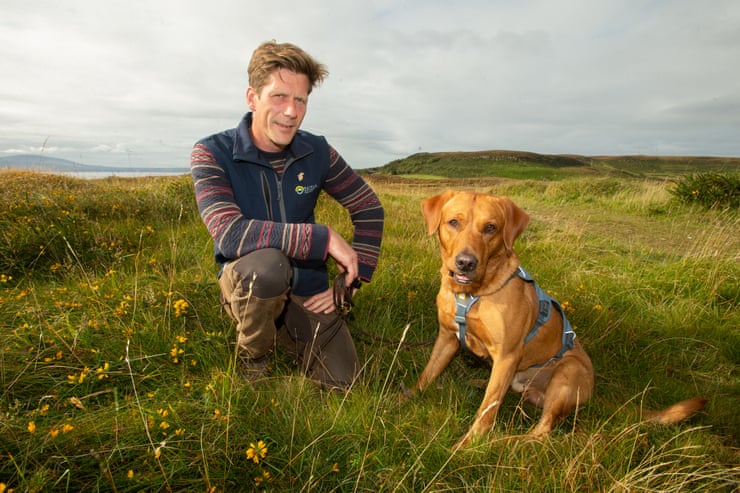 ‘It’s a monster task’: can culling ferrets and rats save one of the UK’s largest seabird colonies? Ulf Keller with his dog Woody, who is trained to seek out ferrets on the island.Photograph: Paul McErlane/The Guardian