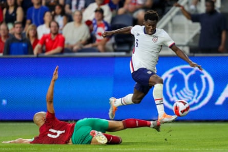 Yunus Musah skips away from Morocco’s Sofyan Amrabat during a friendly in July.
