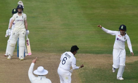 India’s Deepti Sharma celebrates taking the wicket of England’s Heather Knight.