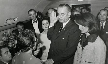 Vice-president Lyndon Baines Johnson takes the presidential oath of office in Dallas, Texas, two hours after Kennedy was shot.