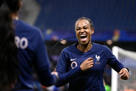 Marie-Antoinette Katoto celebrates scoring her side’s third goal during the Tournoi de France match against the Netherlands in February.