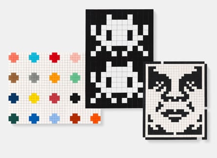 Triple Trouble … collaborative works by Shepard Fairey, Damien Hirst, and Invader.