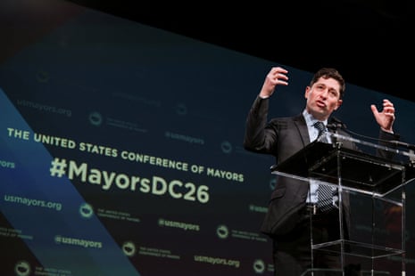 Minneapolis Mayor Jacob Frey addresses the U.S. Conference of Mayors (USCM) 94th Winter Meeting in Washington, DC, 29 January, 2026.