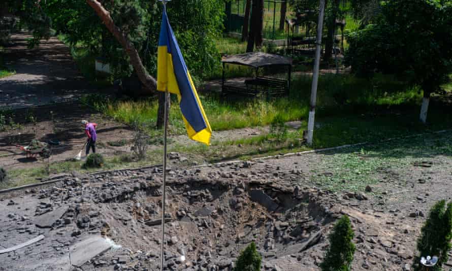 An aerial view of an explosion crater produced by the Russian army’s bombardment at the territory of the Kharkov State Animal Veterinary Academy as Russian attacks continue on Ukraine in Kharkiv, Ukraine on June 20, 2022.