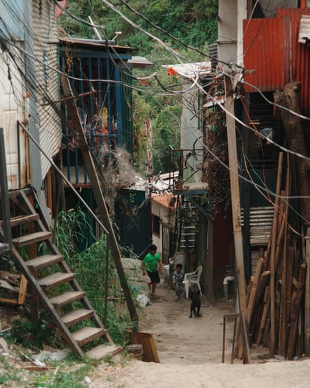 A boy and a dog walk down a narrow street between ramshackle houses built of corrugated sheet metal and wood.
