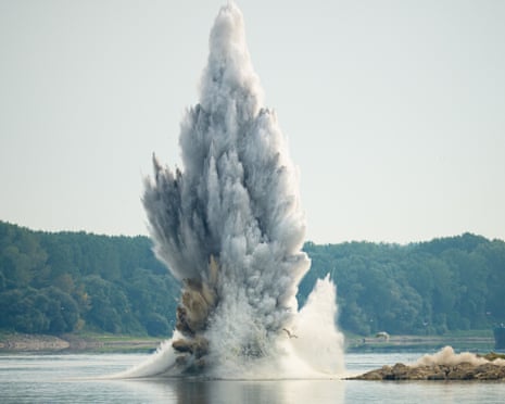 The Romanian Navy detonates underwater explosives during a controlled demolition of submerged rocks to improve water flow to the Cernavodă Nuclear Power Plant amid exceptionally low water levels on the Danube River, in Izvoarele, Romania.
