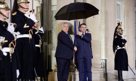Emmanuel Macron (centre right) welcomes Hungary’s Viktor Orbán (centre left) at the Élysée Palace in Paris