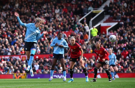 Manchester City’s Vivianne Miedema scores their second goal at Manchester United.