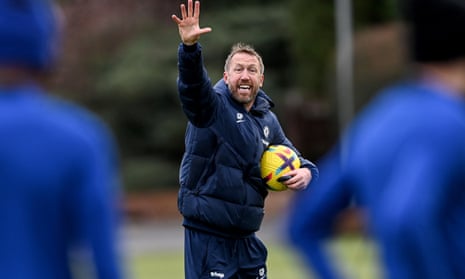 Graham Potter instructing Chelsea players in training