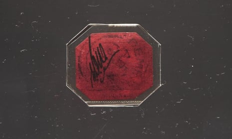 The British Guiana One-Cent Magenta stamp at Sotheby’s auction house in London.