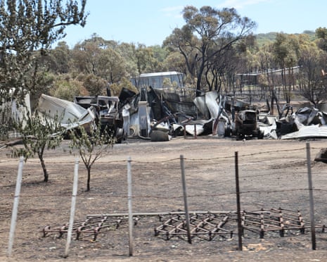 A burnt structure in the fire-damaged town of Harcourt