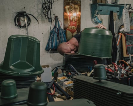 Soldier assembling military equipment