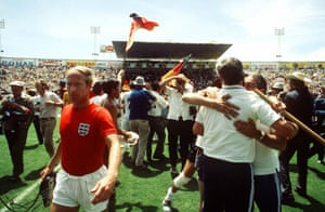 Bobby Charlton (England) leaves the field dejected after England’s defeat.