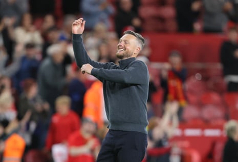 Middlesbrough manager Kim Hellberg celebrates following the Carabao Cup first round victory over Wrexham.